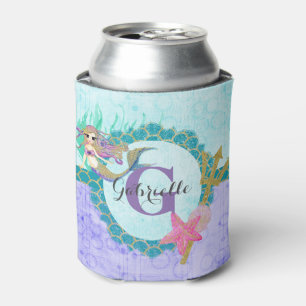Cute Monogram Mermaid Teal & Purple Watercolor Can Cooler
