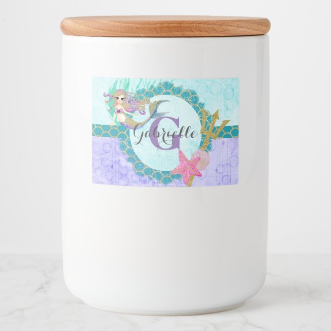 Cute Monogram Mermaid Teal & Purple Watercolor Food Label (Front)
