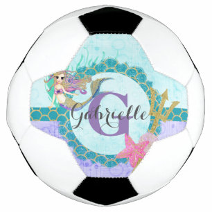 Cute Monogram Mermaid Teal & Purple Watercolor Football