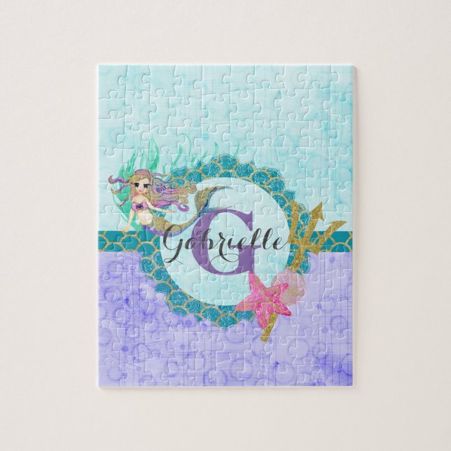 Cute Monogram Mermaid Teal & Purple Watercolor Jigsaw Puzzle (Vertical)