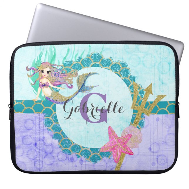 Cute Monogram Mermaid Teal & Purple Watercolor Laptop Sleeve (Front)