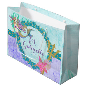 Cute Monogram Mermaid Teal & Purple Watercolor Large Gift Bag