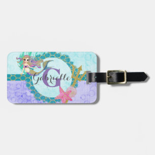 Cute Monogram Mermaid Teal & Purple Watercolor Luggage Tag