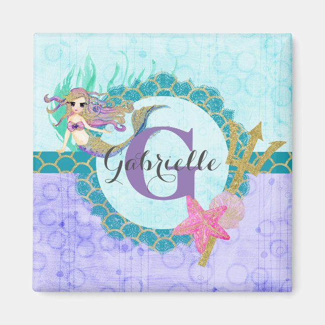 Cute Monogram Mermaid Teal & Purple Watercolor Magnet (Front)