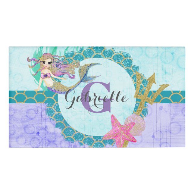 Cute Monogram Mermaid Teal & Purple Watercolor Name Tag (Front)