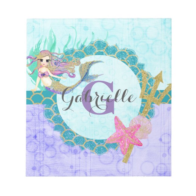Cute Monogram Mermaid Teal & Purple Watercolor Notepad (Front)