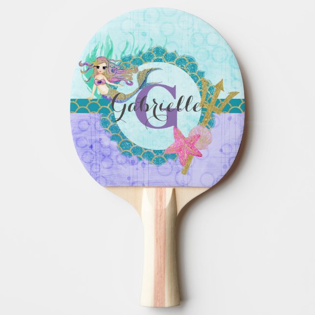 Cute Monogram Mermaid Teal & Purple Watercolor Ping Pong Paddle (Front)