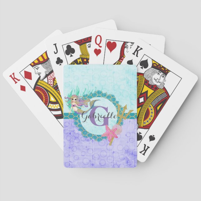 Cute Monogram Mermaid Teal & Purple Watercolor Playing Cards (Back)