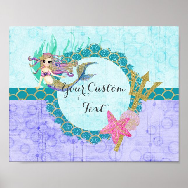 Cute Monogram Mermaid Teal & Purple Watercolor Poster (Front)