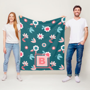 Cute Monogram Modern Pink and Teal Floral Pattern Fleece Blanket