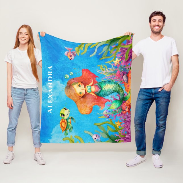 Cute Monogram Name Coastal Mermaid Fleece Blanket (In Situ)