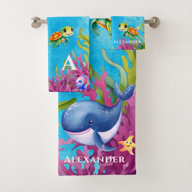 Cute Monogram Name Coastal Sea Turtle and Whale Na Bath Towel Set (Insitu)