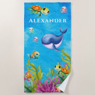 Cute Monogram Name Coastal Sea Turtle Whale Beach Towel