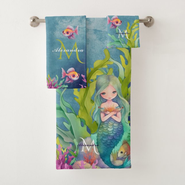 Cute Monogram Name Mermaid Bath Towel Set (Insitu)