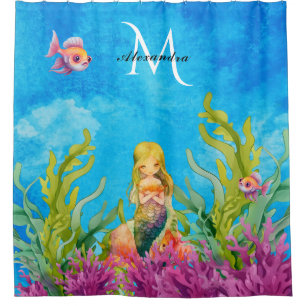 Cute Monogram Name Mermaid Ocean Bright Blue  Shower Curtain