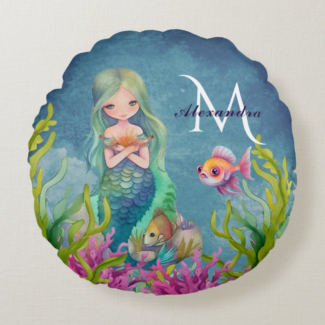 Cute Monogram Name  Mermaid Round Cushion (Front)