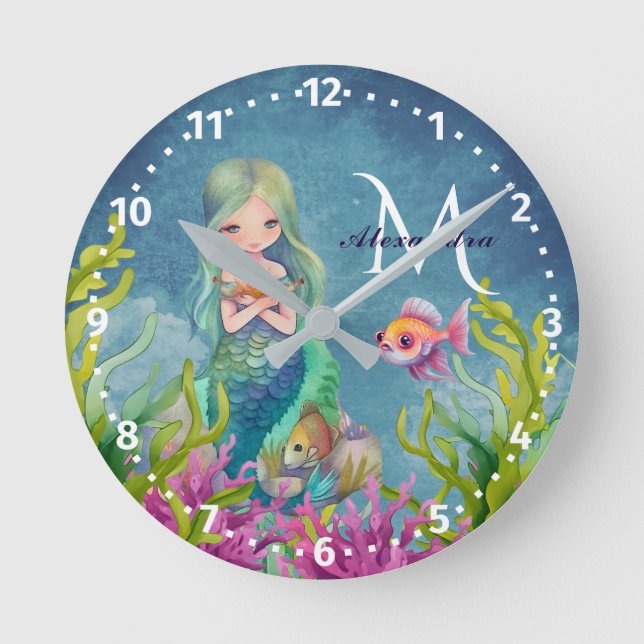 Cute Monogram Name watercolor Mermaid Round Clock (Front)