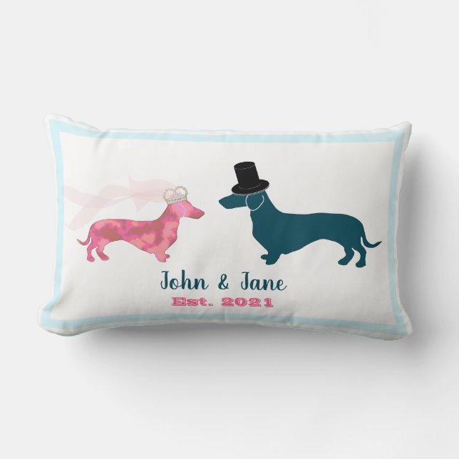 Cute Monogram Newlyweds Dachshund Dogs Pale Blue Lumbar Cushion (Front)
