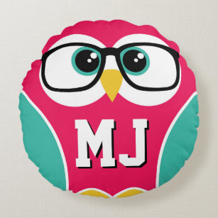 Cute Monogram Owl Wearing Glasses Round Pillow