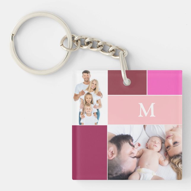 Cute monogram photo collage pink keychain (Front)