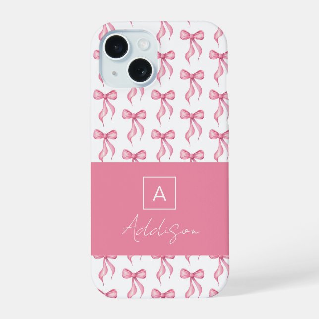 Cute Monogram Pink Bow Coquette  iPhone 15 Case (Back)