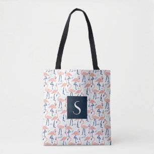 Cute Monogram Pink Flamingo Pattern Tote Bag