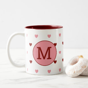 Cute Monogram Pink Red Heart Pattern Valentine's  Two-Tone Coffee Mug