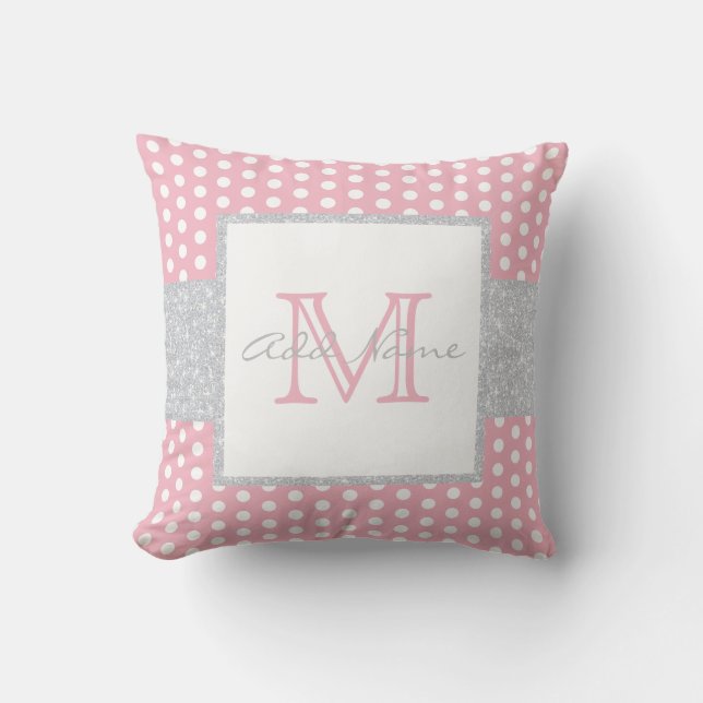 Cute Monogram Pink Rose Polka Dot Baby Boy Pillow (Front)