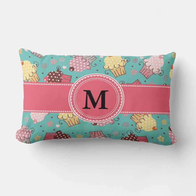 Cute Monogram Pink Teal and Yellow Cupcake Lumbar Lumbar Cushion (Front)