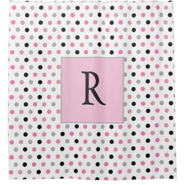 Cute Monogram Pink White and Grey Polka dot Shower Curtain (Front)