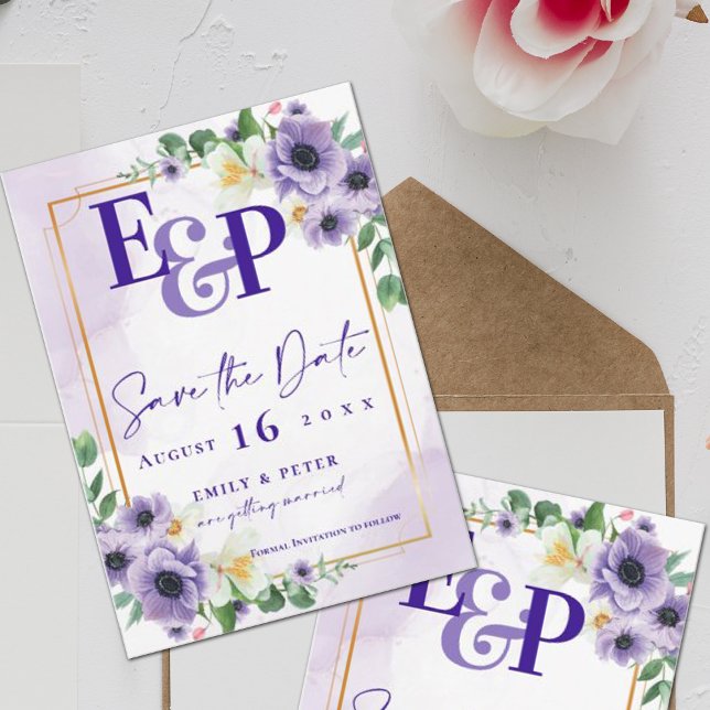 Cute Monogram Purple Floral Wedding Save The Date Postcard (Creator Uploaded)