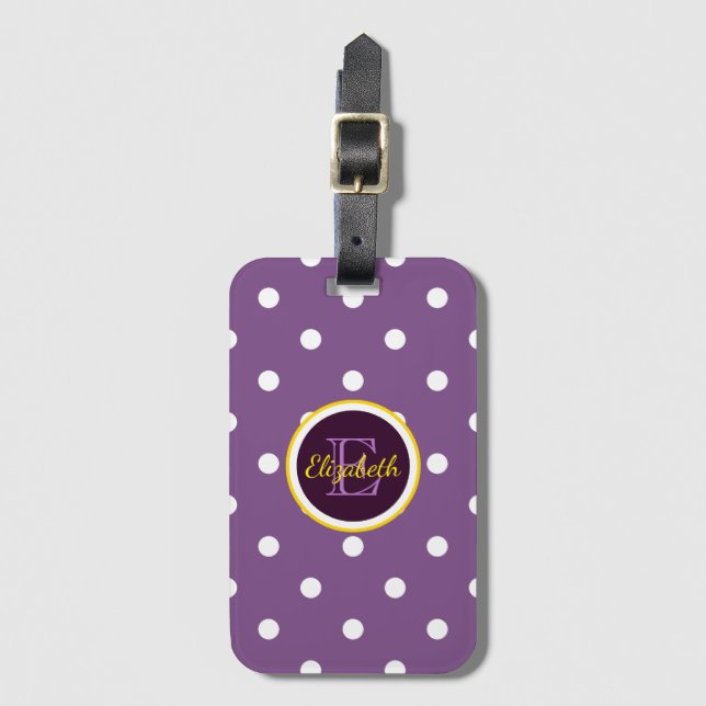 Cute Monogram Purple Polka Dots Luggage Tag (Front Vertical)