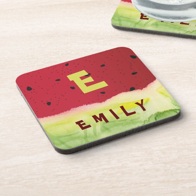 Cute Monogram Red Green Watermelon Custom Kids Coaster (Left Side)