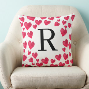 Cute Monogram Red Hearts Custom Monogram Cushion