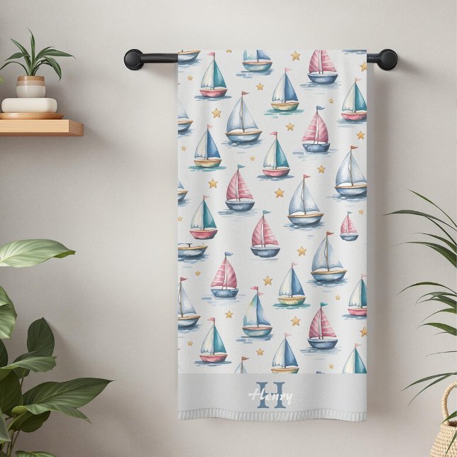 Cute Monogram Sailboat & Name Kids Bath Towel (Creator Uploaded)