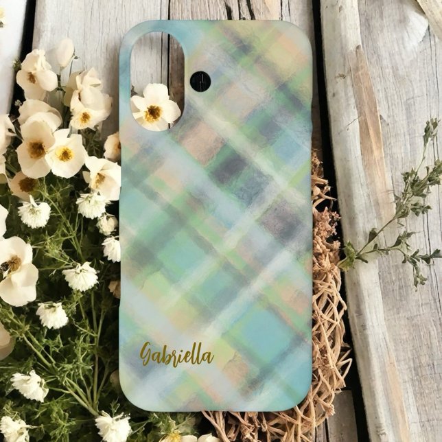 Cute monogram script plaid teal yellow grey green  iPhone 16 case (Creator Uploaded)