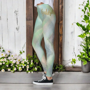 Cute monogram script plaid teal yellow grey green leggings