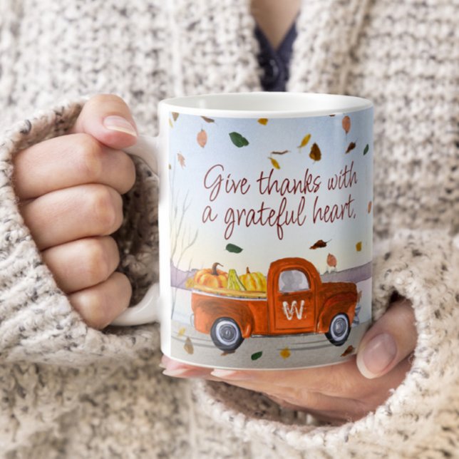 Cute Monogram Thanksgiving Orange Truck Thankful Coffee Mug (Creator Uploaded)