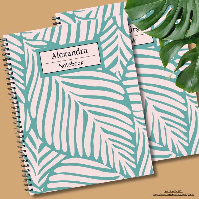 Cute monogram Tropical leaf l Green and pink Notebook (Modern leaves monogram notebooks in pink and green background.)