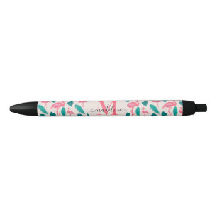 Cute Monogram Tropical Leaves Hot Pink Flamingo Black Ink Pen