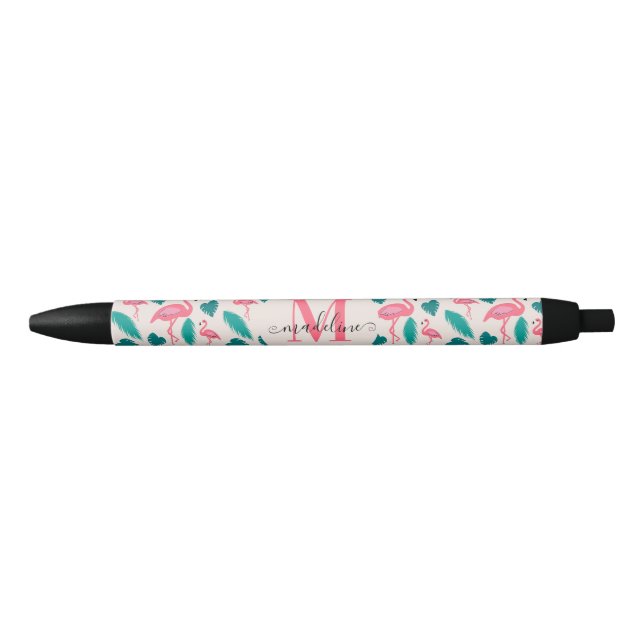 Cute Monogram Tropical Leaves Hot Pink Flamingo Black Ink Pen (Front)