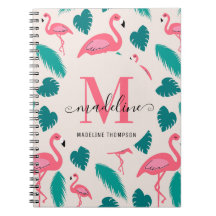 Cute Monogram Tropical Leaves Hot Pink Flamingo