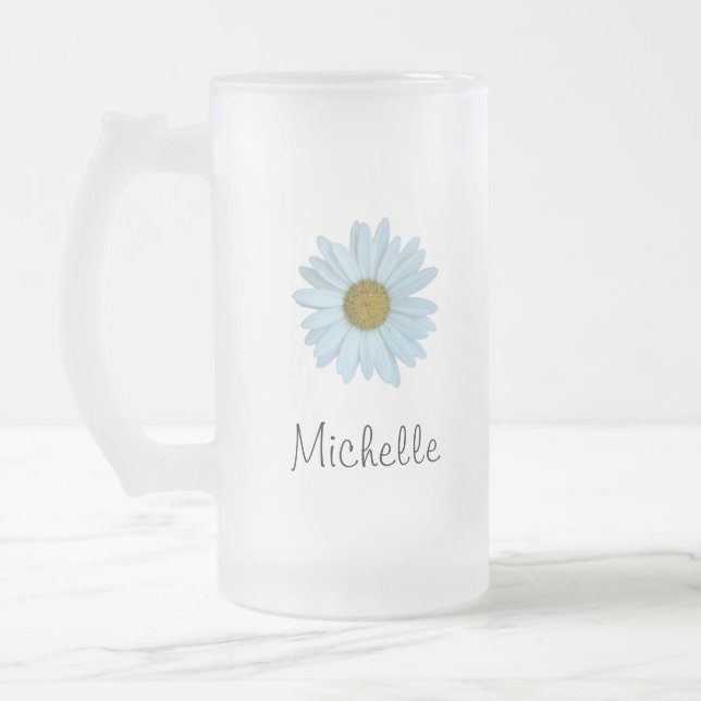 Cute Monogram White Daisy Frosted Glass Beer Mug (Left)