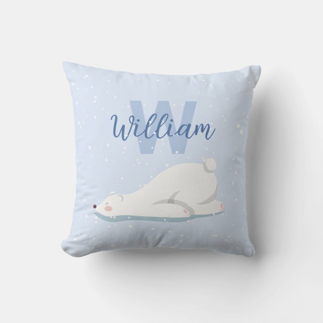 Cute Monogram Winter Polar Bear Nursery Decor Cushion (Front)