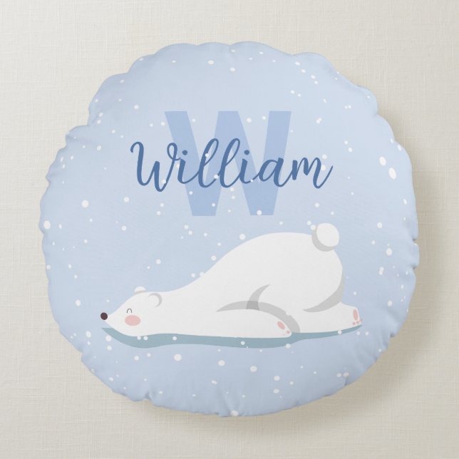 Cute Monogram Winter Polar Bear Nursery Decor Round Cushion (Front)