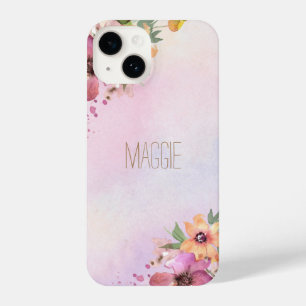 Cute monogrammed beautiful floral watercolor pink iPhone 14 case