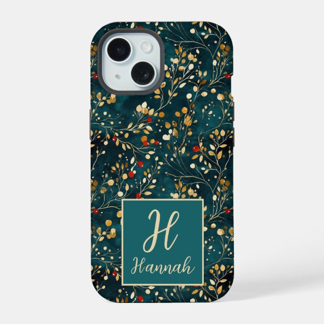 Cute Monogrammed Floral Watercolor patterned iPhone 15 Case (Back)