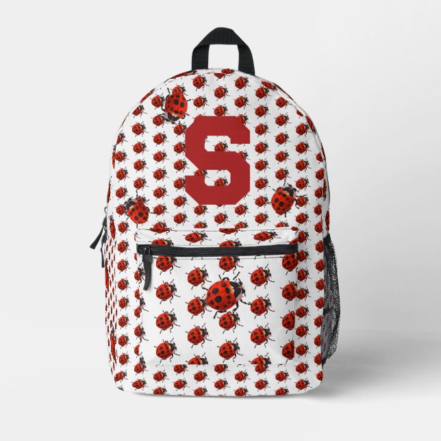 Cute Monogrammed Ladybug Themed Printed Backpack (Front)