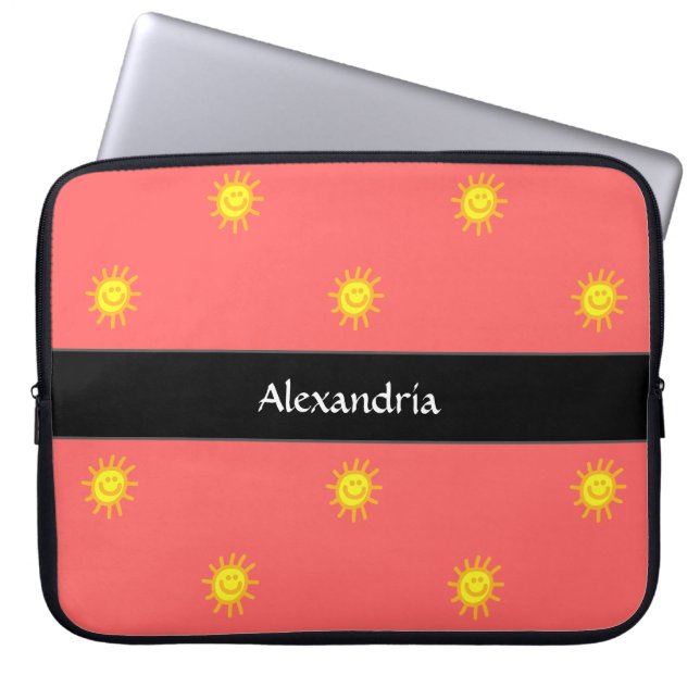 Cute Monogrammed Name Happy Face Sun Coral Black Laptop Sleeve (Front)