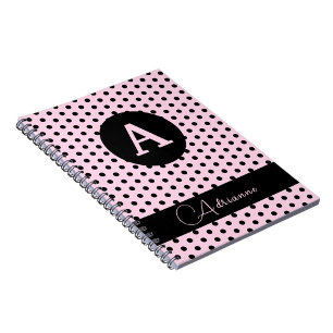 Cute Monogrammed Pink and Black Polka Dots Notebook